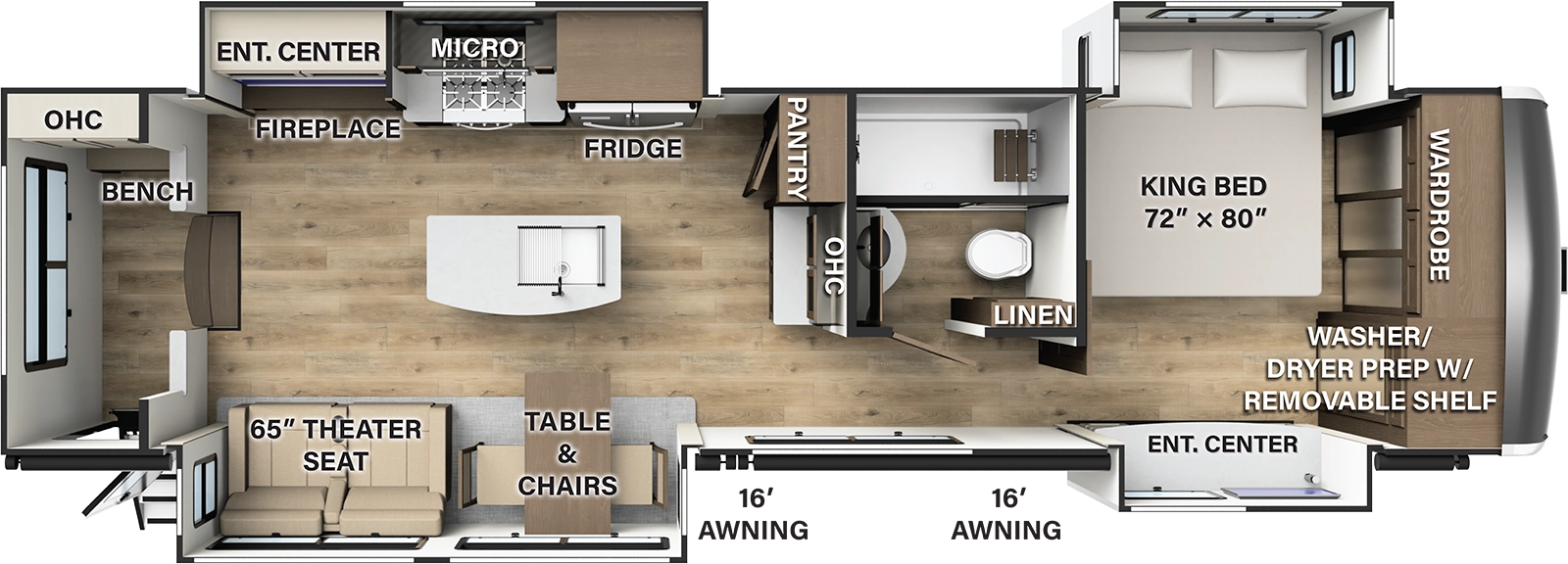 The 391MK has 4 slide outs and one entry. Exterior features two 16 foot awnings. Interior layout front to back: wardrobe with washer/dryer prep with removable shelf, off-door side king bed slideout, and door side entertainment slideout; off-door side full bathroom with linen closet; kitchen counter, overhead cabinet, and pantry along inner wall; off-door side slideout with refrigerator, microwave, cooktop, entertainment center and fireplace; kitchen island with sink; door side slideout with table and chairs, and theater seat; rear mudroom entry with bench and overhead cabinet.